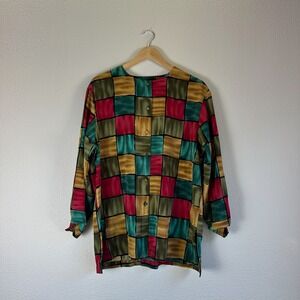 Cathy Che Blouse Women Size 14 Multicolor Excellent Geometric Button Down Top